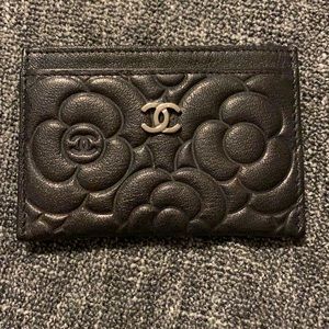 Chanel Caviar Camellia Embossed Card Holder Black